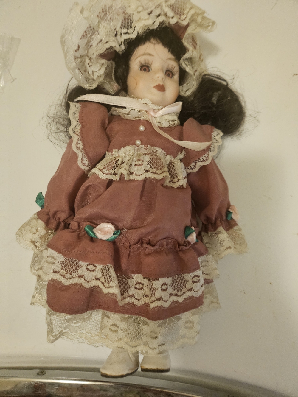 Porcelain Doll in Dusty Rose Lace Dress